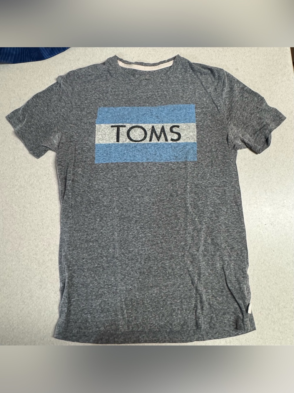 Toms Women's Gray Short Sleeve Tee with Blue and White Logo